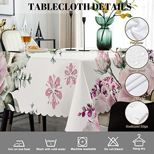 Swono Rose Table Cloth Rectangle Tables Watercolor Pink Flowers Rose Leaves Kitchen Table Cover Oblong 52"X70" Tablecloth For Dining Table Buffet Parties Patio And Camping #TOP3