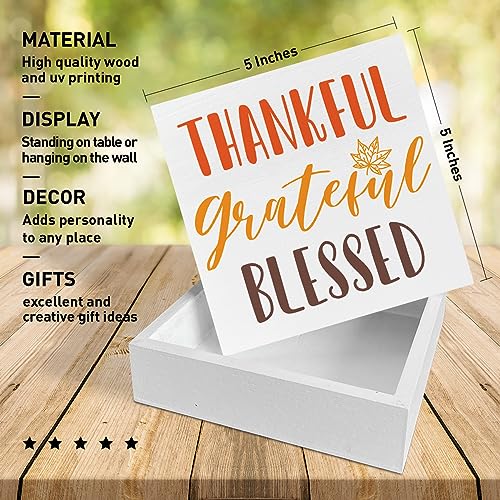 Image of Thanksgiving Table Wooden Box Sign, Thankful Grateful Blessed, Autumn Table Decor, Fall Tabletop Decorations for Home Office Harvest Thanksgiving Desk Decor