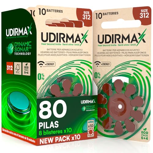 80 Pilas para Audífonos PR41 Tamaño 312 (Marrones) Batteries Udirmax Zinc Aire 0% Mercurio 1.45V y Tecnología Dynamic Sonar Eco Pack 8 Blísters Ecológicos de 10 Pila