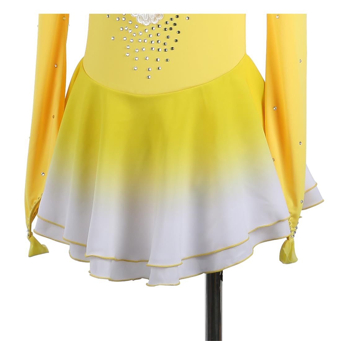 ‌Vestito da Competizione Pattinaggio Artistico Bambine - Abito Esibizione con Bianco Floreali, Strass & Orlo Elasticizzato per Gare/Allenamento