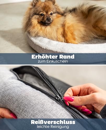 lionto Hundekörbchen rund in Donut-Form, Ø 65 cm, Heimtierkissen für Hunde & Katzen mit waschbarem Bezug & Anti-Rutsch-Noppen, kuscheliges Hundebett aus Oxford-Leinen & Plüsch, grau