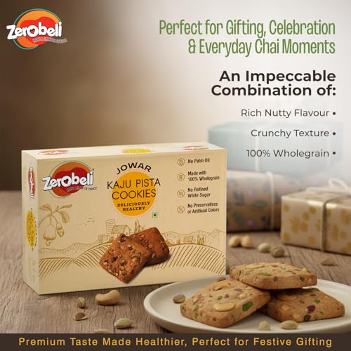 Image of Zerobeli Jowar Kaju Pista Cookies 425g (Pack of 2) | Premium Handmade Cookies With Real Cashews And Pista No Maida,No Refined White Sugar,No Palm Oil,Preservatives,or Colors