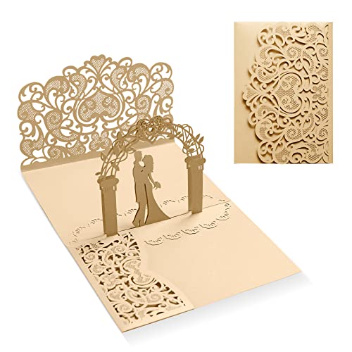 Siumir Tarjeta de boda desplegable, tarjeta de felicitación de boda dorada con sobre y 2 páginas interiores, tarjetas de boda para novia y novio, día de San Valentín, tarjeta de aniversario
