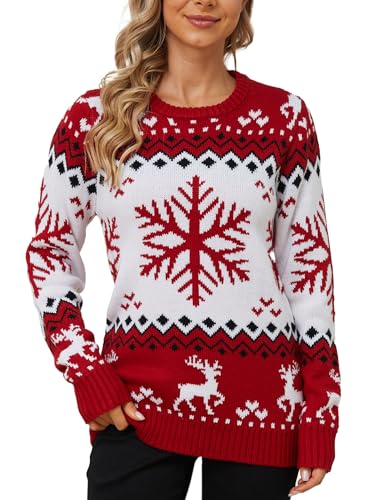 YIJIU Women's Winter Christmas Sweater Novelty Snowflake Reindeer Knitted Sweaters Ugly Pullover Knitwear Sweater Shirt,Snowflakes,XL