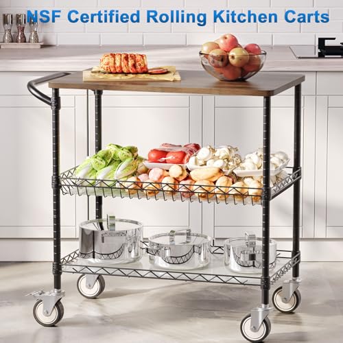 Image of Rolling Kitchen Carts with Wheels, 3-Tier Utility Cart with Wood Tabletop