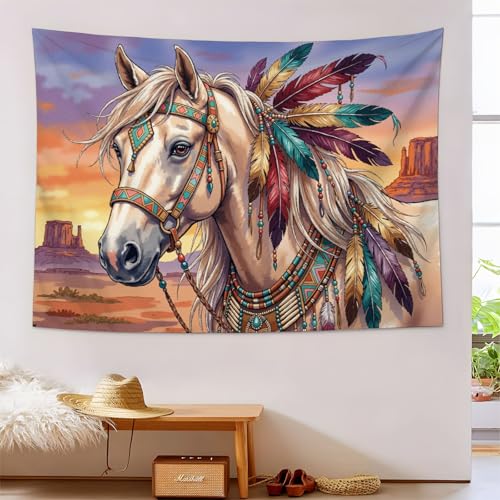 Tapisseries Murales brun Tenture Murale Style Ethnique Tapisserie Cheval Plumes Indien,Art mural décoration pour Salon,Chambre et Dortoir,100x70cm