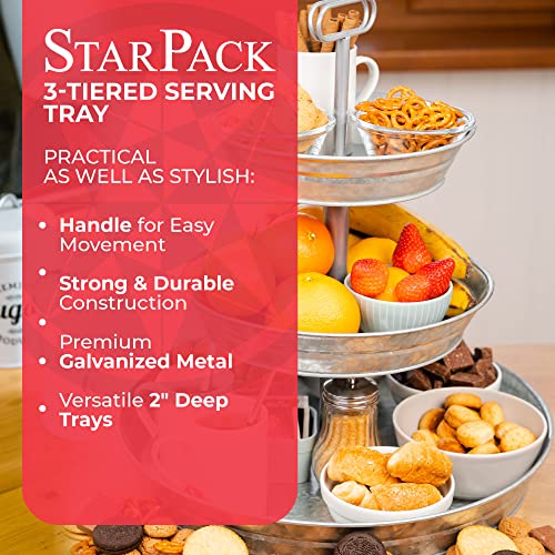 Starpack Farmhouse Style Three Tier Serving Tray - Rustic Kitchen 3 Tiered Tray With 3 Tier Metal Stand - Three Tiered Tray For Deserts & Party Bites - Sturdy & Stylish 3 Tier Serving Stand #TOP2