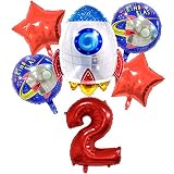 DIWULI Juego de Globos Espaciales Cohete Grande, Globo XL Número 2 Rojo, Globos de Lámina de Feliz Cumpleaños 2º Niño, Fiesta Temática, Decoración, nave Espacial, Astronauta, Estrellas, Planeta
