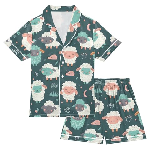 ALAZA Sheep Green Satin Pajamas Set Short Sleeve Button Down Sleepwear Summer Pjs 2 Piece