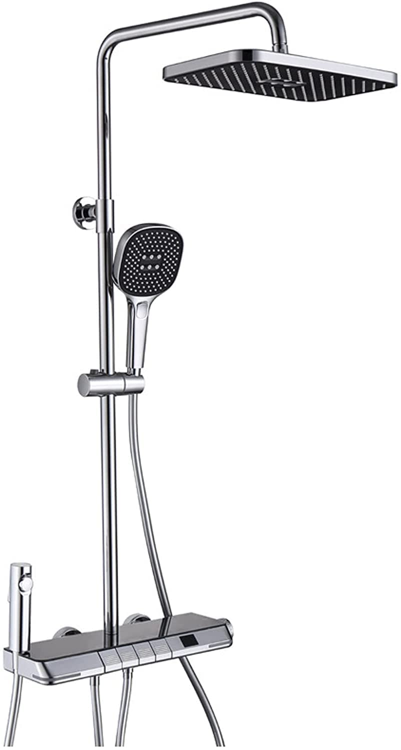 CWCQGH Exposed Shower Set with Tub Spout, Rainfall Shower Head with Handheld, 4-Functional Exposed Shower Fixtures with Brass Valve, Shower Height Adjustable, Temperature Displa,Chrome-A
