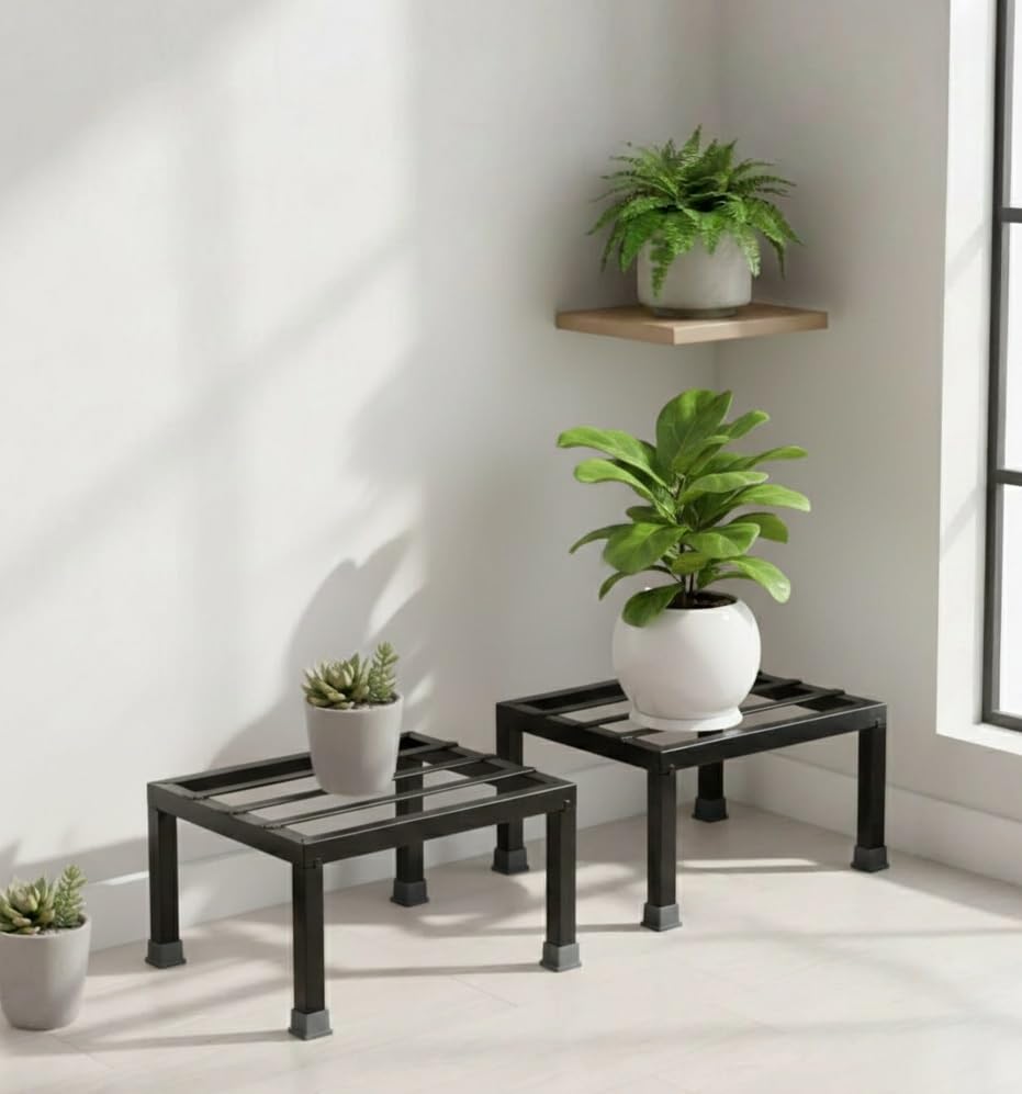 VINAMRA28 Premium Strong Metal Upto 100kg Hold Capacity Square Shape Thick and Strong Leg Flower Pot Plant Stand for Home Indoor Outdoor Garden Balcony Decor Black (Set of 2pc) | LWH- 8in X 8in X 4in-image-45