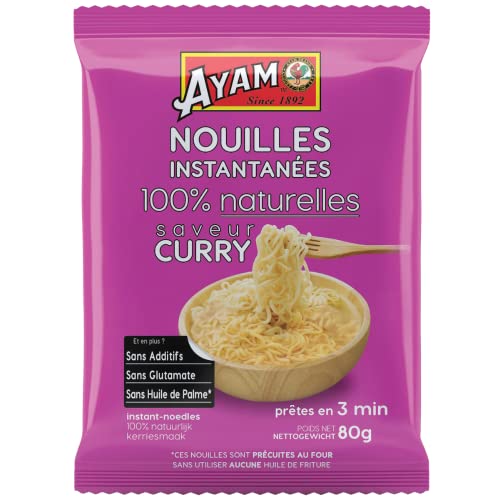 AYAM Nouilles Instantanées Saveur Curry | 100% Naturelles | Avec assaisonnement | Allégées et digestes | Prêtes en 3min | Sans additifs | Sans Glutamate | Sans Huile de Palme | pour 1 pers. - 80g