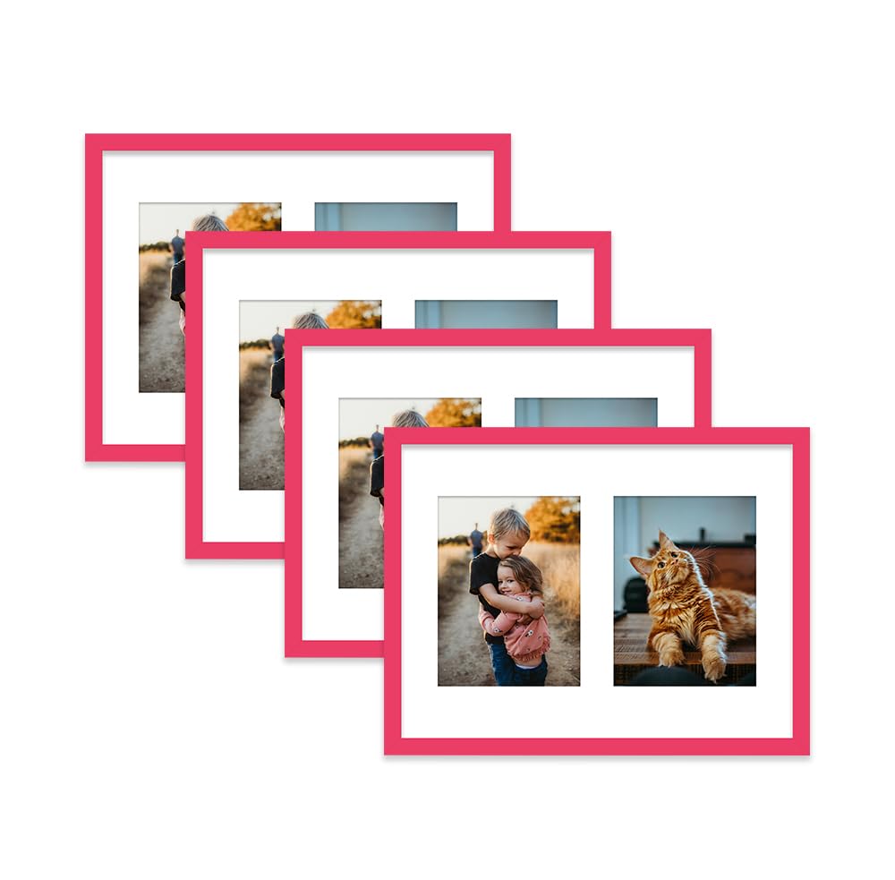 Bright Pink Multi Photo Frame - Holds 2 x 8x6 Pictures, Family Collage Picture Frame for Wall Display, 16x12 Frame size, Set of 4