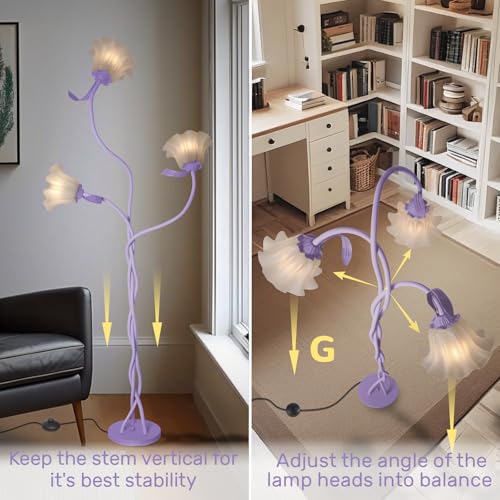 Vintage 3 Heads Flower Floor Lamp for Living Room,3 Color Modes LED Modern Corner Standing Lamp with Goosenecks, Bright Tall Cute Dimmable Lamp for Kids Reading Girls' Bedroom Office Home Decor Purple