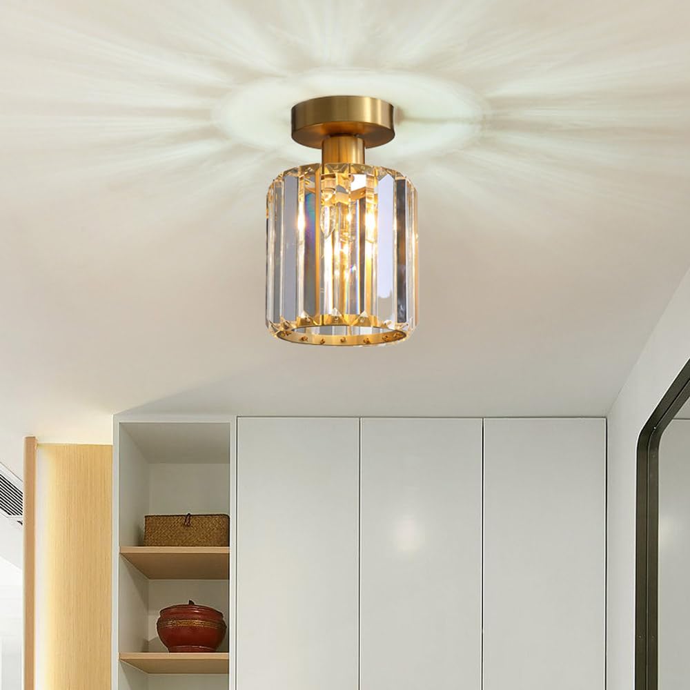 Mini kryształowa oprawa sufitowa, mosiężne lampy sufitowe do montażu półpodtynkowego, gniazdo E27 Nowoczesna złota lampa sufitowa do przedpokoju Kuchnia Sypialnia Salon Przedpokój Szafa Foyer