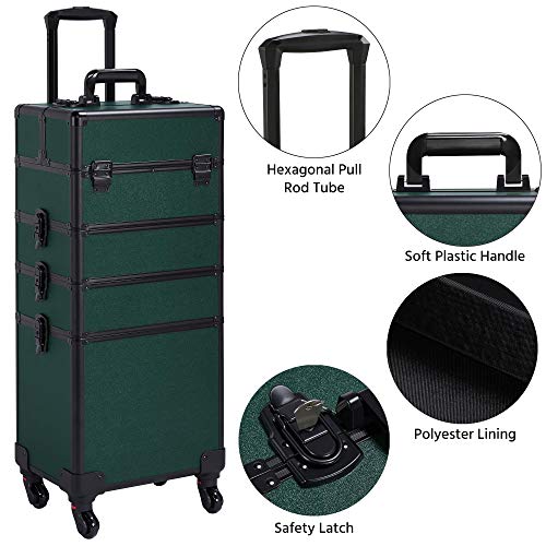 Topeakmart Rolling Makeup Case Large, 4 In 1 Professional Makeup Train Case, Cosmetic Storage Organizer Cosmetic Travel Case With Folding Trays, Wheels And Aluminum Frame, Dark Green #TOP6