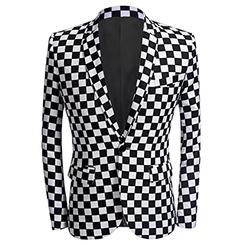 Men's Black and White Checkerboard Grid Blazer Simple One Button for Christmas Cosplay Coat