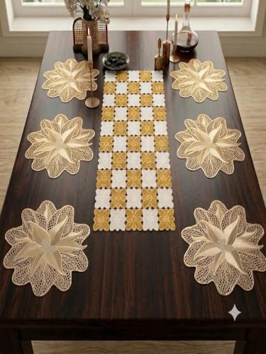 Image of Dakshya Industries PVC Waterproof Round Table Placemat & Table Runner Combo Set | 6 Round Table Mats (38 x 38 cm) + 1 Table Runner | Heat Resistant, Washable, Non Slip Dining Table Decor (Bellmont)