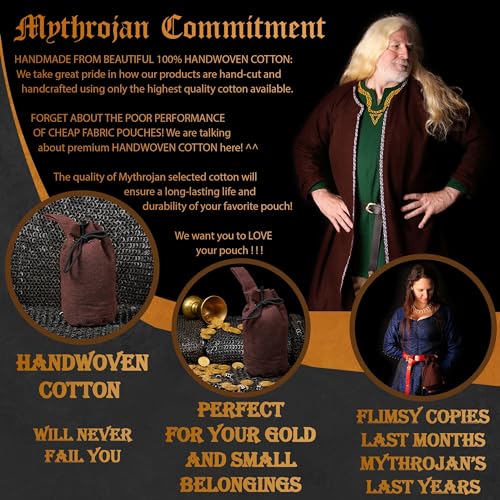 Mythrojan Drawstring Belt Pouch Medieval Canvas Pouch Renaissance Bag LARP Coin Pouch Cosplay Costume Accessories for Medieval Events, Reenactments, Renfair - Brown, 8" x 6.5"4