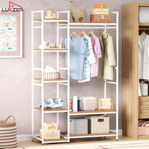 Image of Lukzer Heavy Duty Garment Rack with 8 Shelves & Hanging Rod | Free-Standing Modern Clothes Stand Metal & Engineered Wood Shoe Rack with Adjustable Foot Pads for Living Room - MMR-004 /White & Oak Brown