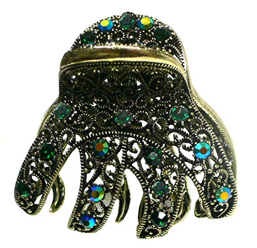 Bella Claw Clip Metal Hair Claw Antique Gold Trim Sparkly Emerald Color Crystals GL56emerald