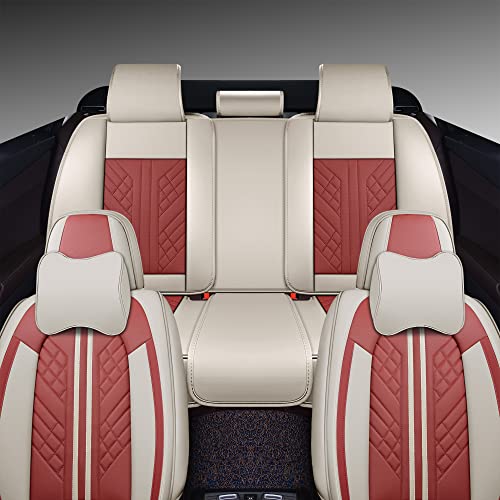 Image of GXT Deluxe Faux Leather Full Coverage Car Seat Cover Anti-Slip Universal Fits for Sedans SUV Pick-up Truck with Headrests,Interior Accessories(White and Red)