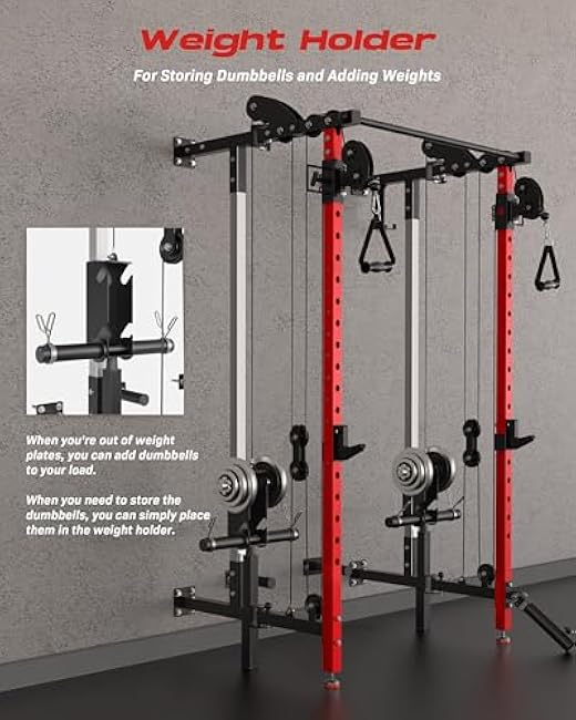 Folding Power Rack, Wall Mounted Power Cage with Dual Independent Pulley System, Multi-Function Squat Rack with 5 Adjustable Function Modes, 1350LBS Power Rack for Space Saving Home Gym