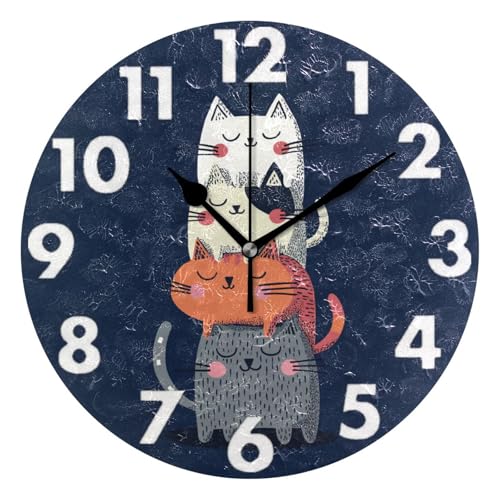 OWFKAY Reloj de pared redondo silencioso sin tictac, decoración del hogar, funciona con pilas, para sala de estar, cocina, dormitorio, dibujos animados divertidos Cat3