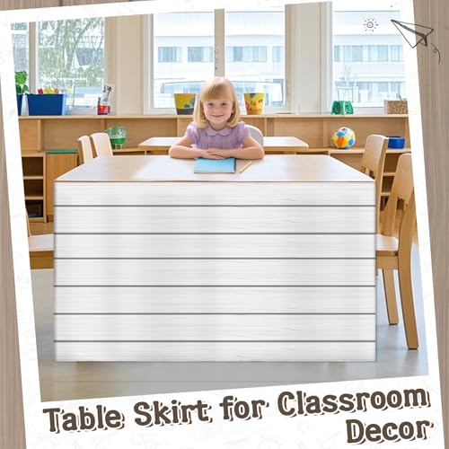 Image of 9FT White Shiplap Table Skirt Teacher Desk Skirt Classroom Table Cover for Back to School Decor Rectangle Tablecloth for Farm Birthday Party Decorations Home Dorm Office Bookcase Cabinet Shelf