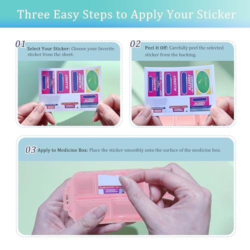 Image of Pill Organizer 3 Pack with 146x3 Medicine Labels, Pink Blue Purple | Set of 3 travel pill cases with 10 compartments each and 146 medicine labels for 7-day planning, daily use, work, and trips
