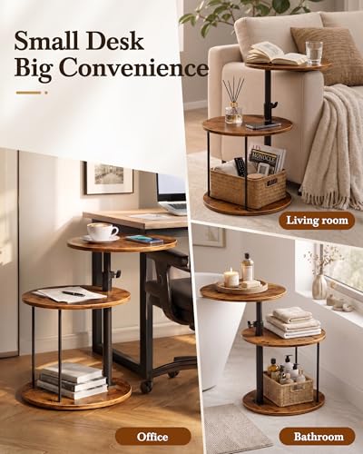 Image of Faesun Swivel Round Table for Couch Arm, Height Adjustable C Shaped End Table for Recliner or Bed, Tv Trays with Storage Shelf for Small Spaces- Small Nightstand for Living Room, Bedroom, Rustic
