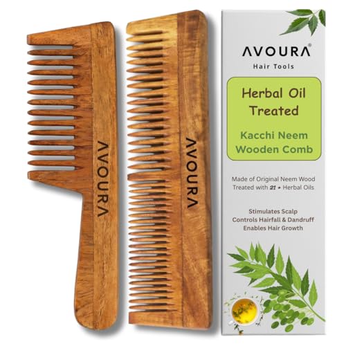 Image of Kacchi Neem Wooden Comb Set (2 Pcs), Infused with 21+ Herbs Amla, Bhringraj Oils - Up to 70% Dandruff Control | Anti-Static, Plastic-Free (Handle Comb + Dual Tooth) Ayurvedic Hairs Accessory