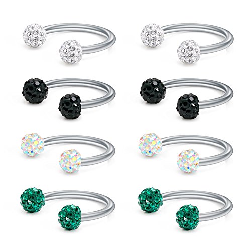 VF VFUN 16G Piercing Anneaux Nez Septum Tragus Cristal Boule Lèvre Labret Oreille Cartilage Helix Souril Piercing 316L Acier Chirurgical Bijoux Corp 8Pièce