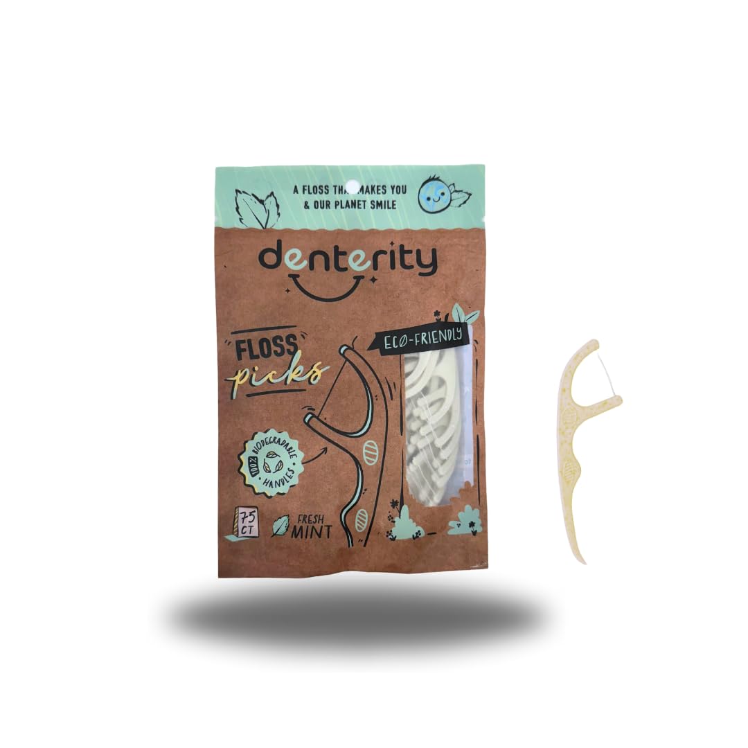 Denterity Biodegradable Dental Floss Picks, Earth Friendly Handle, Mint, 75ct Pack of 1, White