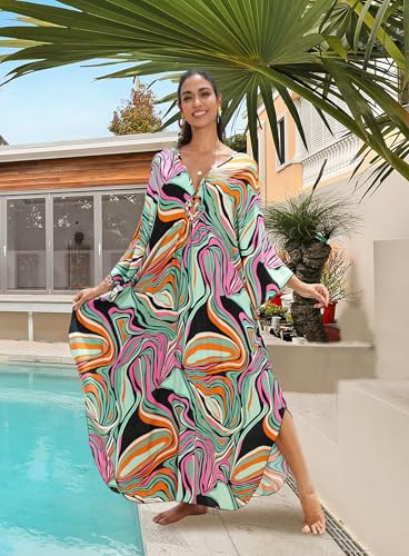 Image of Yanziliu Kaftan Dress for Women,Plus Size Hawaiian Batwing Sleeve Beach Cover Up Summer Swimsuit Dresses