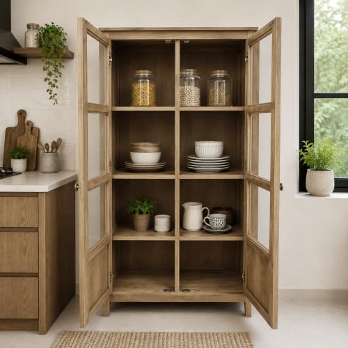 Image of The Attic Crestwood 2 Door Kitchen Cabinet, Multipurpose Cabinet for Bedroom Living Room Study bar, Solid Wood Bookshelf Kitchen Cabinet, Light Teak Matte Finish Glass