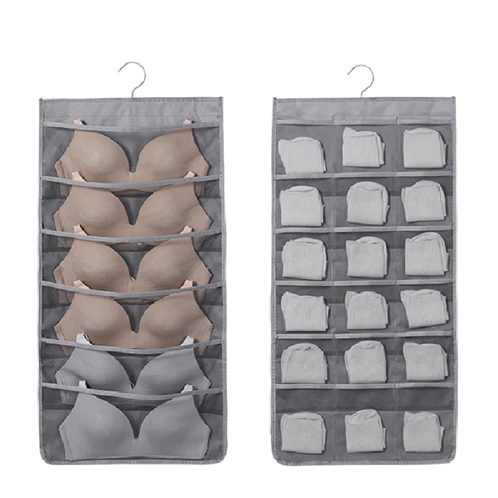 OKUZIEKY Hanging Closet Organizer and Storage,Space Saving Storage Pocket Bag Dual-Sided for Bra,Underwear, Jewelry,Stockings,Panties,Socks (Gray(6+18) pockets)