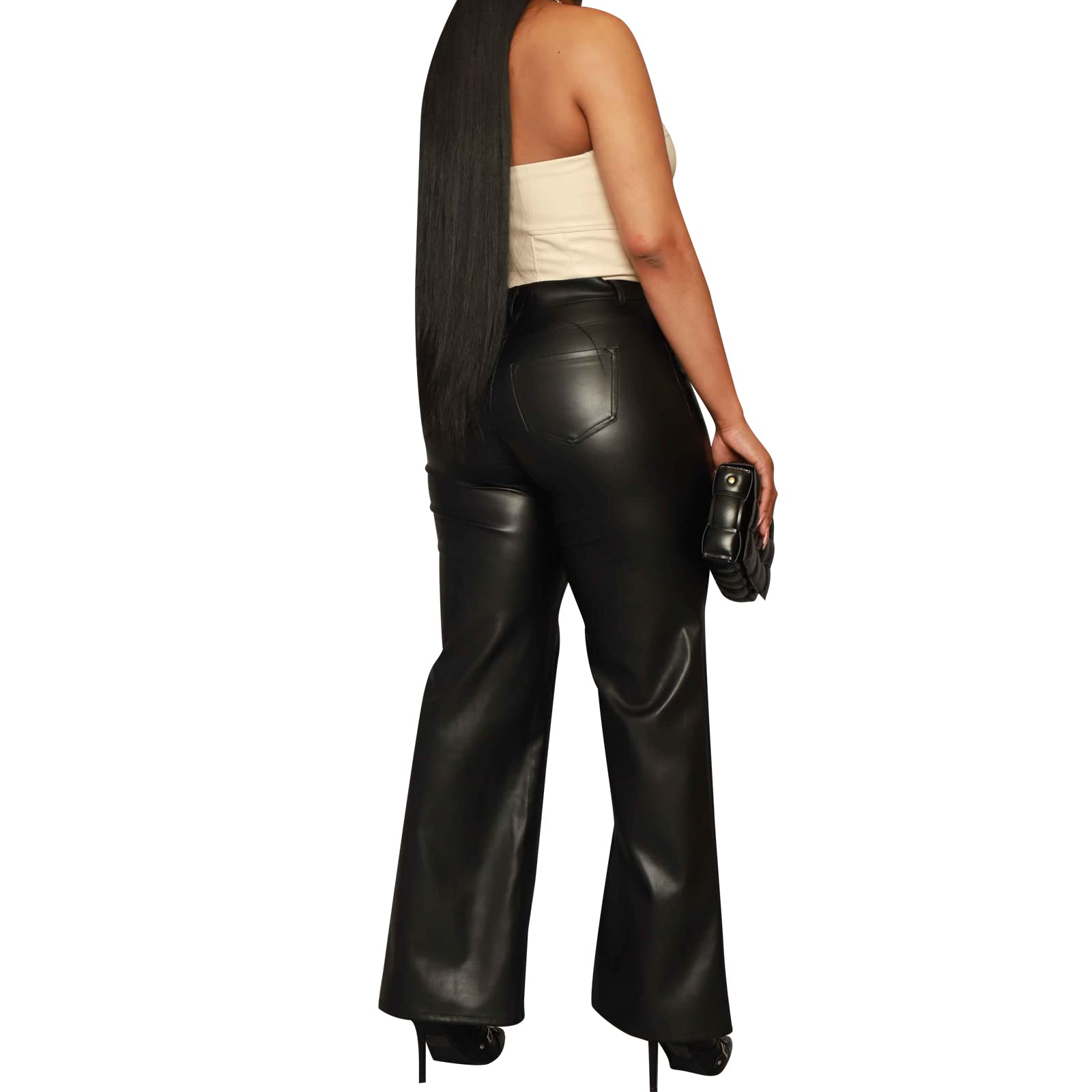 hibshaby Pantalon Long Taille Haute en Cuir synthétique pour Femme, Noir Droit., Taille M