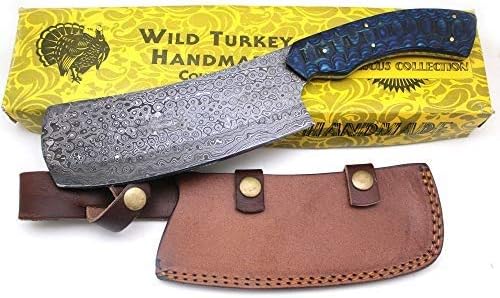 Wild Turkey Handmade Damascus Collection Fixed Blade Chopper Knife w/Leather Sheath (Blue)