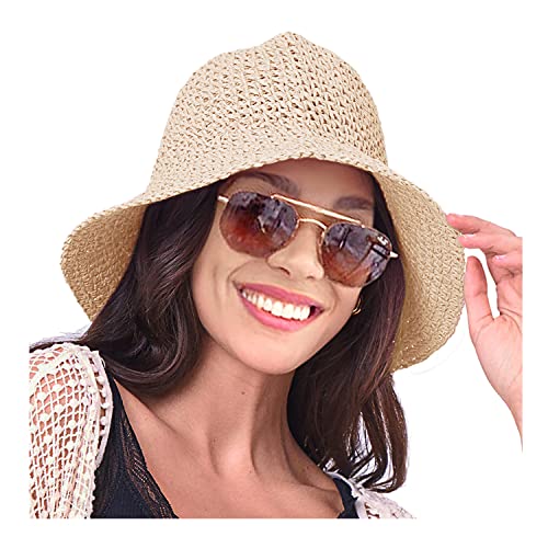 HZEYN Womens Straw Hat Wide Brim Crotchet Straw Bucket Sun Hat Packable Floppy Beach Hats for Women Summer Travel Accessories (Beige)
