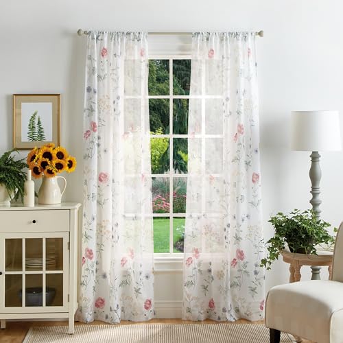 Martha Stewart Marthas Garden Floral Semi-Sheer Rod Pocket Window Curtain Panel Pair, 84', Multi