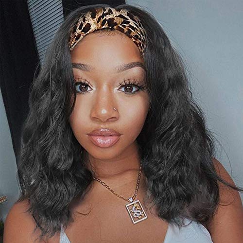 Short Bob Wig Wavy Headband Wigs For Women Easy To Wear Curly Wavy Shoulder Length Synthetic Headband Wigs (1B)