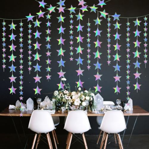 Image of Iridescent Glitter Star Garland Hanging Decorations, Streamer Bunting Banner Decorations,65 Feet, Twinkle Star Backdrop for Graduation, Birthday, Wedding, Christmas Party, New Year (Iridescent)