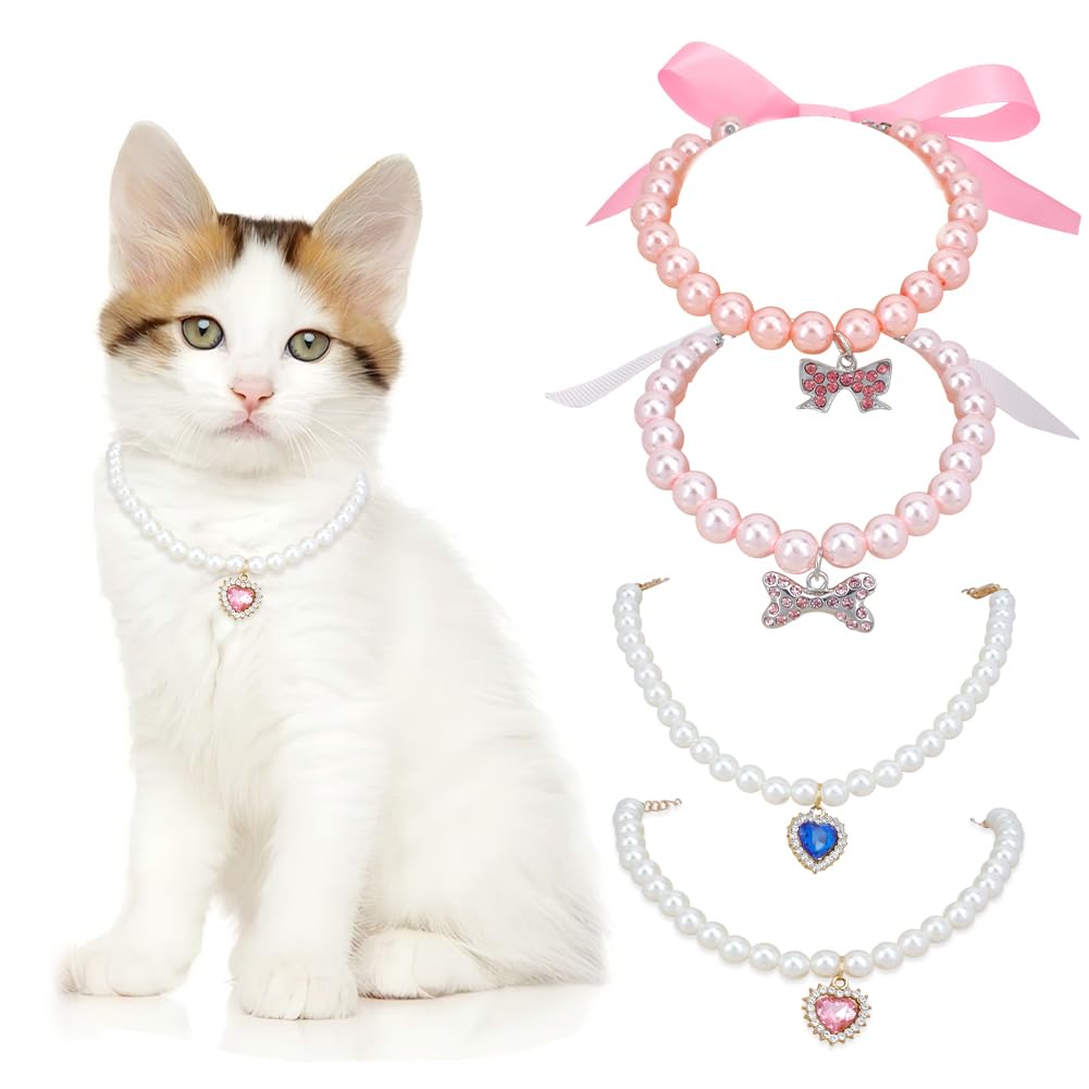DELORIGIN 4 Styles Dog Cat Pearl Collar Necklace Jewelry Beaded Collar With Ribbon and Cubic Zirconia Heart Bone Collar Accessories for Small Cat Dog Accessories Girl Pet Puppy Kitten Pink Costume