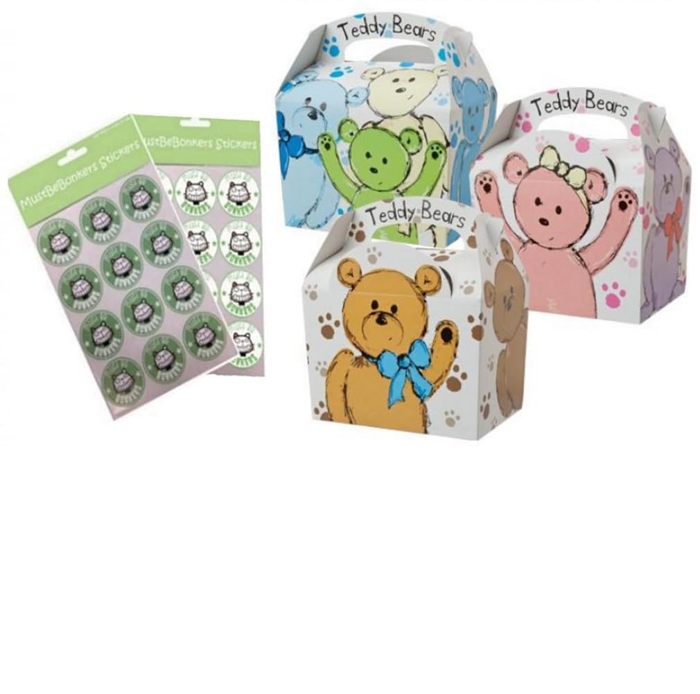 Mustbebonkers Teddy Bears Picnic Birthday Party Food Boxes - Childrens Birthday Party Picnic Loot Bag Plate Box Sticker Seals (50 Boxes)
