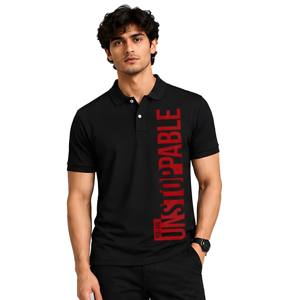 You are UNSTOPABLE Typographic PRINTETD Black Color Polo Collar Neck | Half SLVEES | Premium Cotton Fabric T Shirt for Men-picture-41
