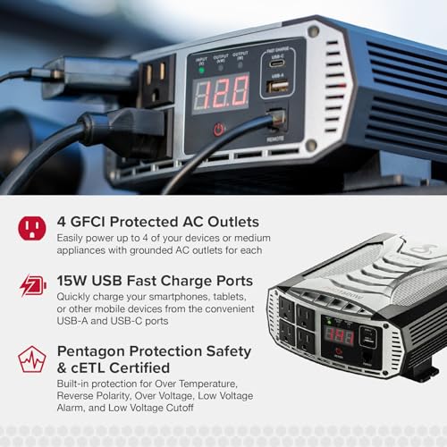 Image of Cobra PRO 1500W Professional Grade Power Inverter, Portable - 1500-Watt Car Charger, 4 Grounded AC Outlets, 2 Fast Charge USB Ports and Remote Controller (CPIALCDG1) Compatible