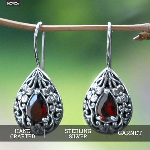 NOVICA Handmade Floral Garnet Earring | Sterling Silver Red Drop Dangle | Hypoallergenic Jewelry | Long Hook Wire | Artisan Crafted | Aurora Birthstone | Lovely Daisies 1.1"L x 0.5" W x 0.2" D4