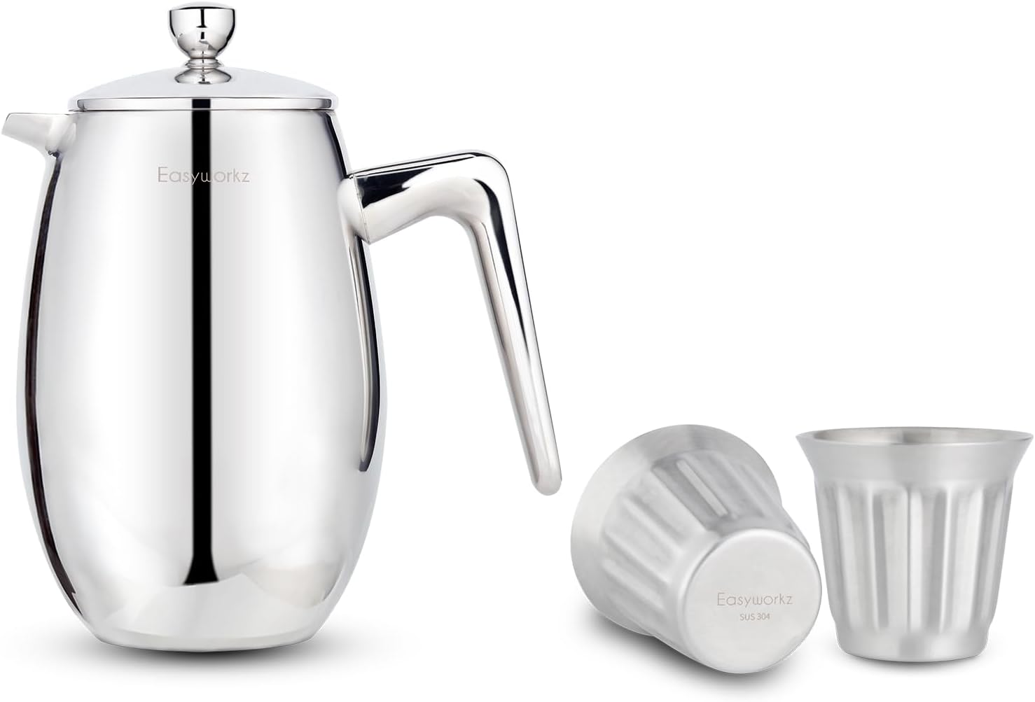 Easyworkz Nando French Press 23 oz, Bundled Stainless Steel Double-Wall Espresso Cups 5 oz Set of 2, Vertical Stripe Design, Brushed Silver