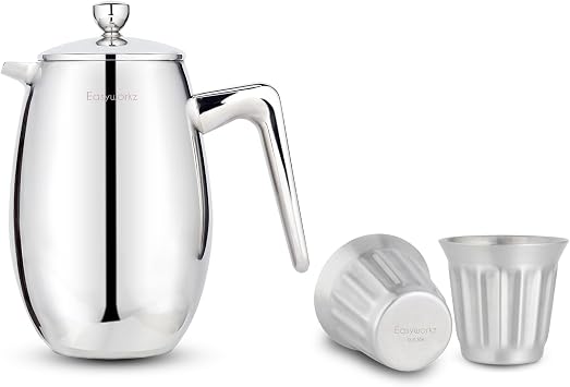 Easyworkz Nando French Press 23 oz, Bundled Stainless Steel Double-Wall Espresso Cups 5 oz Set of 2, Vertical Stripe Design, Brushed Silver